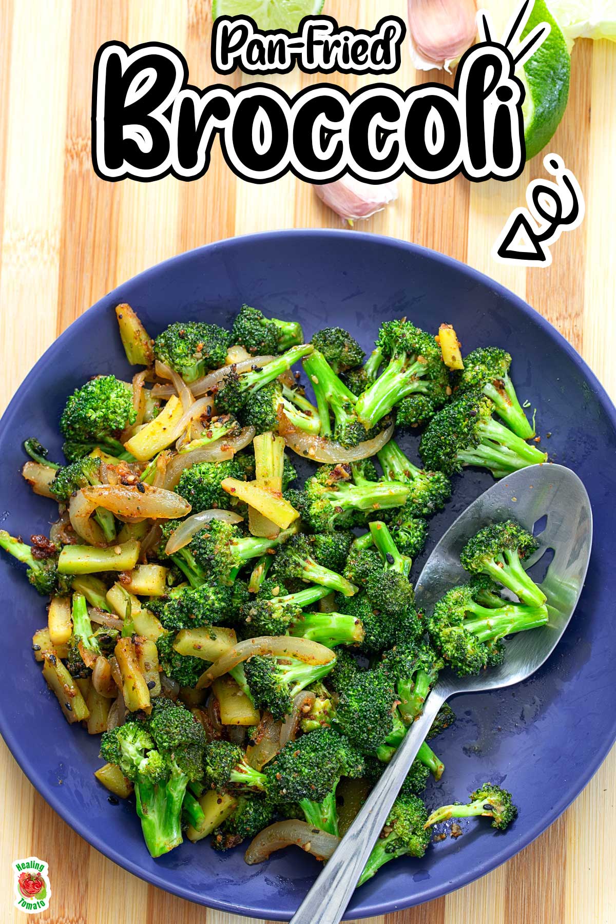 Top and closeup view of cooked broccoli and onions on a blue plate with a steel serving spoon