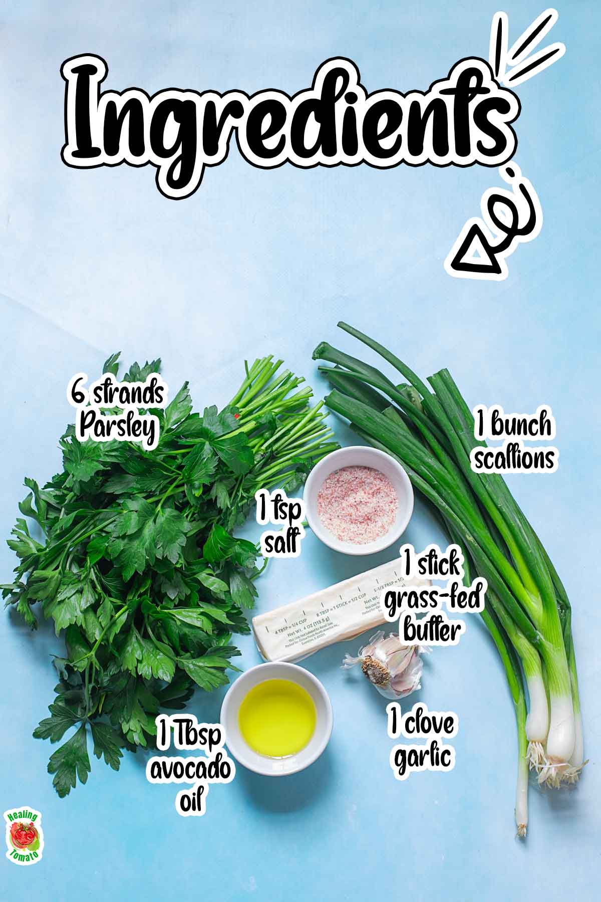 The 6 ingredients needed to make this recipe are laid out on a blue background