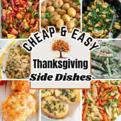 Collage of 8 images with the title of "Cheap & Easy Thanksgiving side dishes" written in the middle