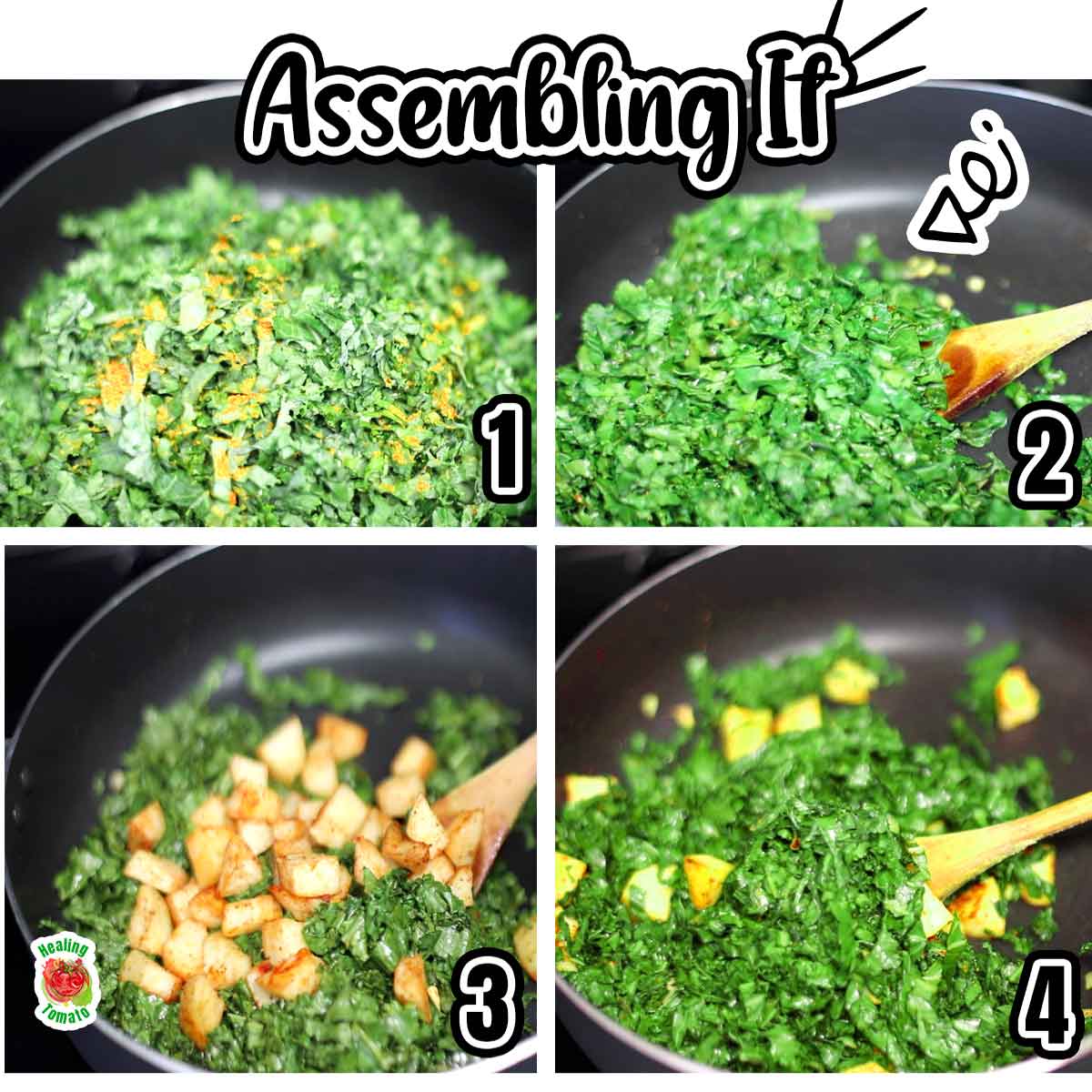 Collage of 4 images showing how to assemble this recipe in a skillet.