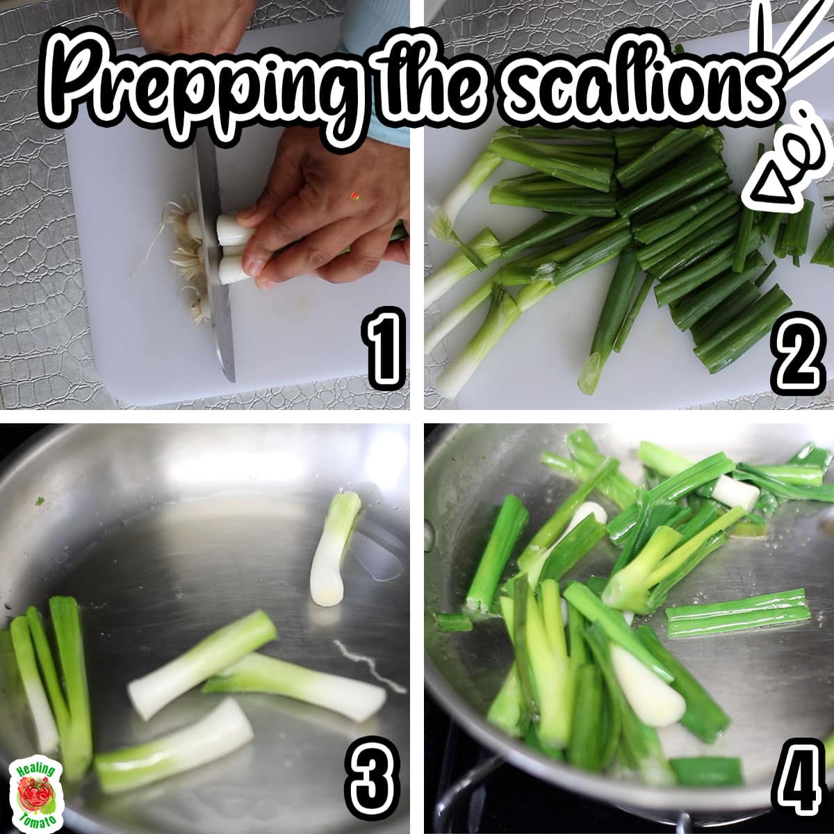 Collage of 4 steps needed to cook the scallions