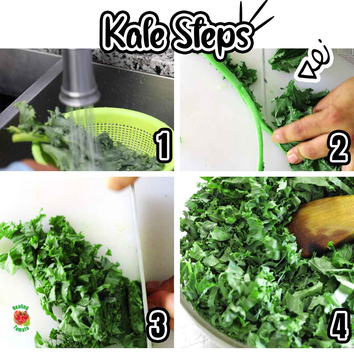Collage of 4 images needed to prep kale.