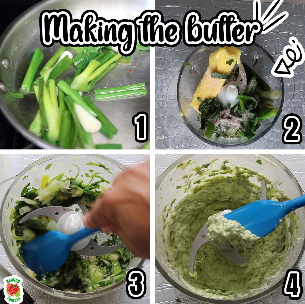 Collage of 4 ingredients needed to make scallion butter