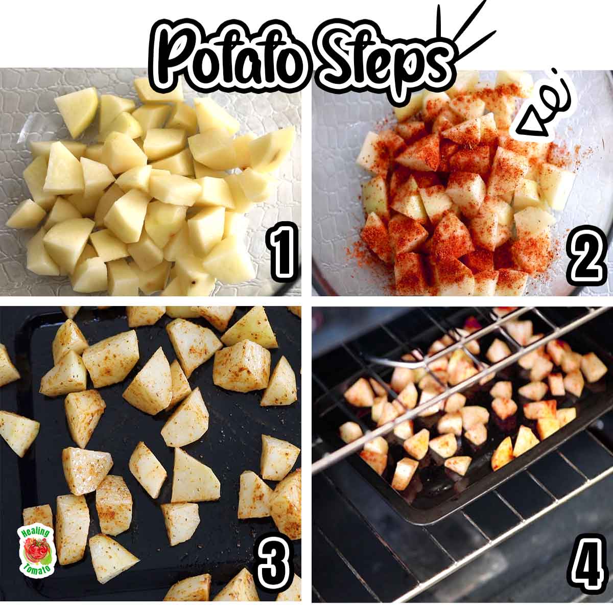 Collage of 4 images showing how to cook the potatoes