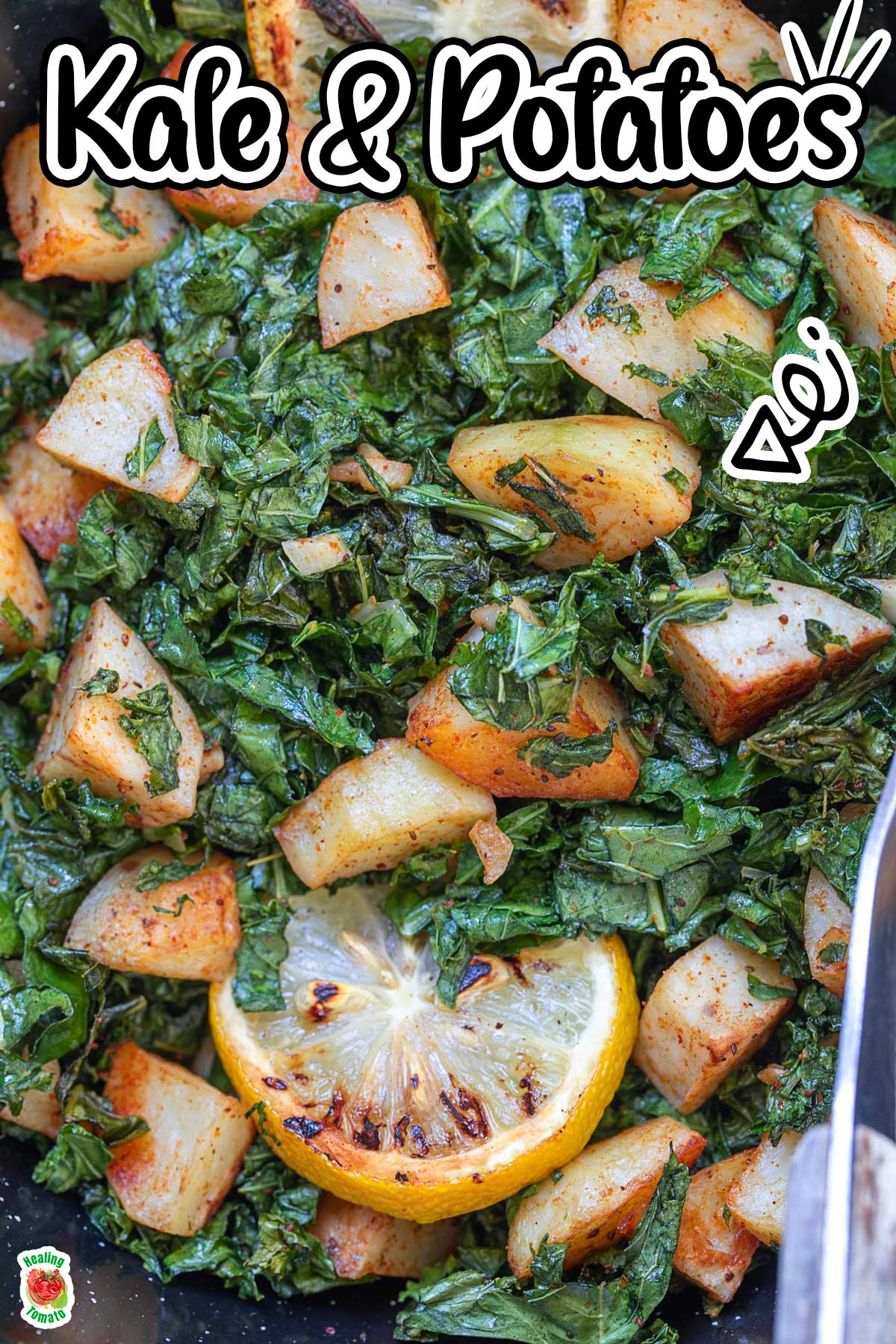 Closeup view of the kale and potatoes in the pan