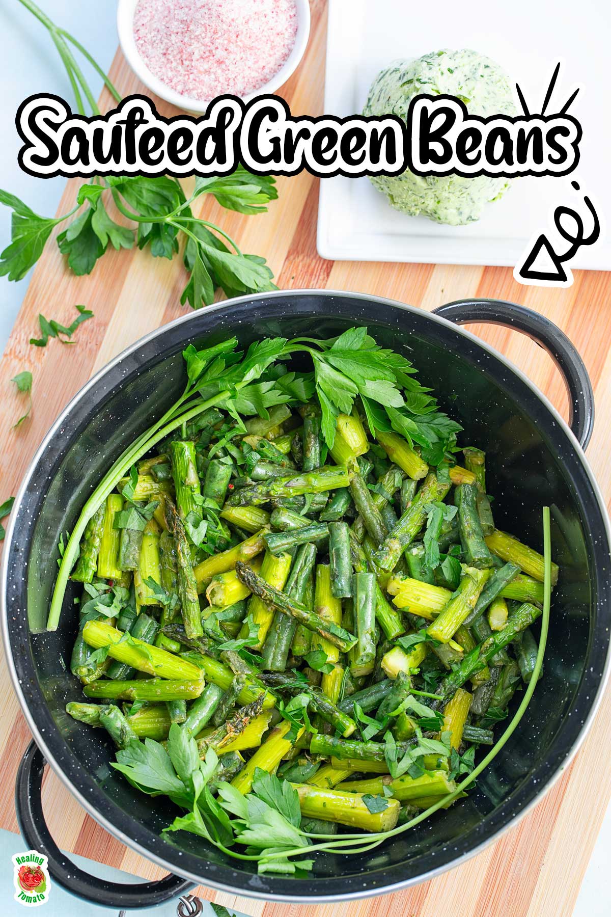 Top view of veggies in a black pan