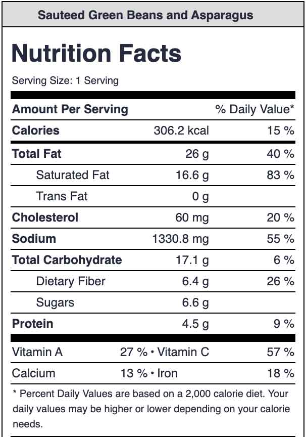 Nutrition Facts label for Sauteed green beans and asparagus