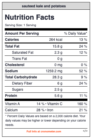 Nutrition Facts label for Sauteed Kale and Potatoes recipe