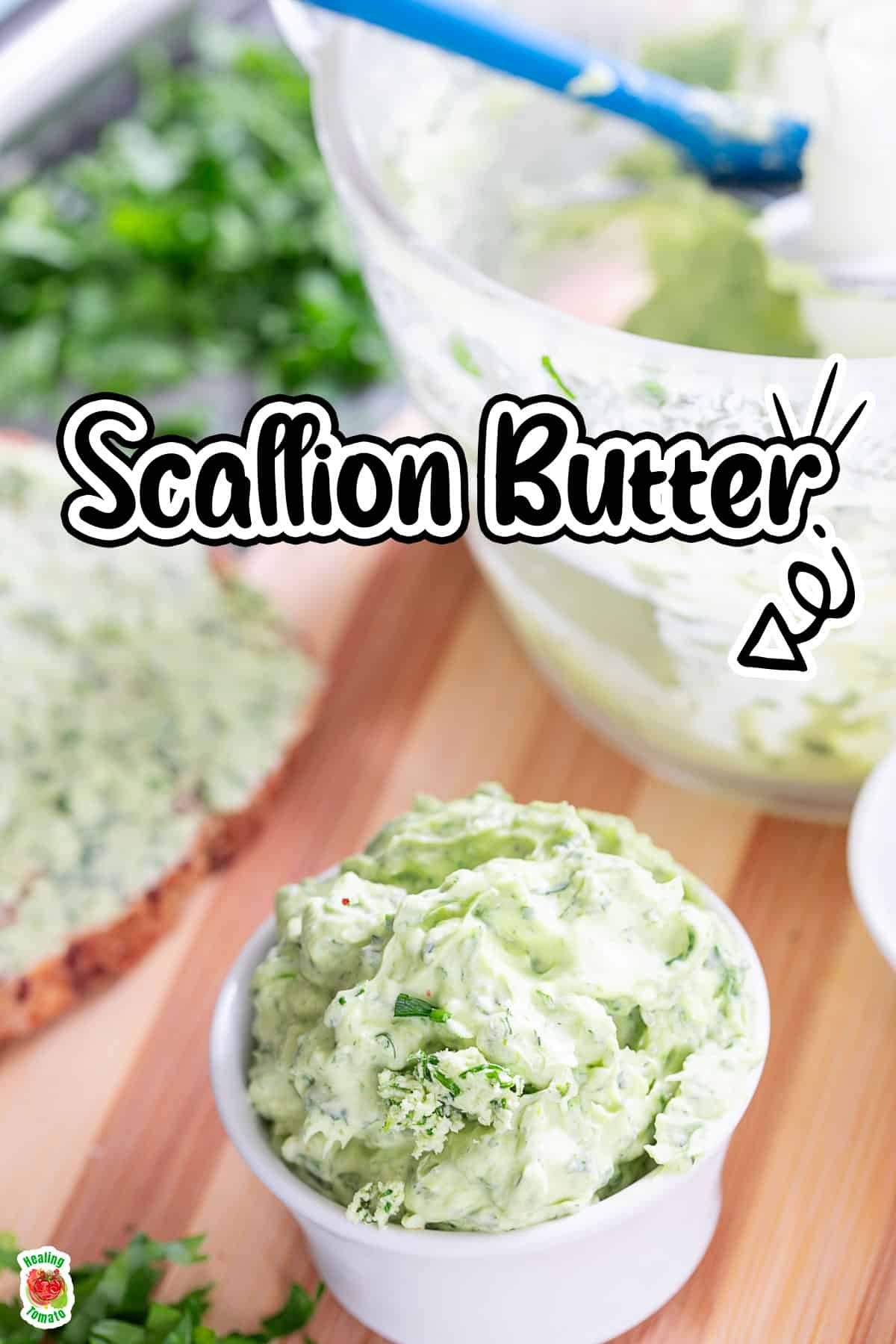 Closeup view of scallion butter in a white ramekin.