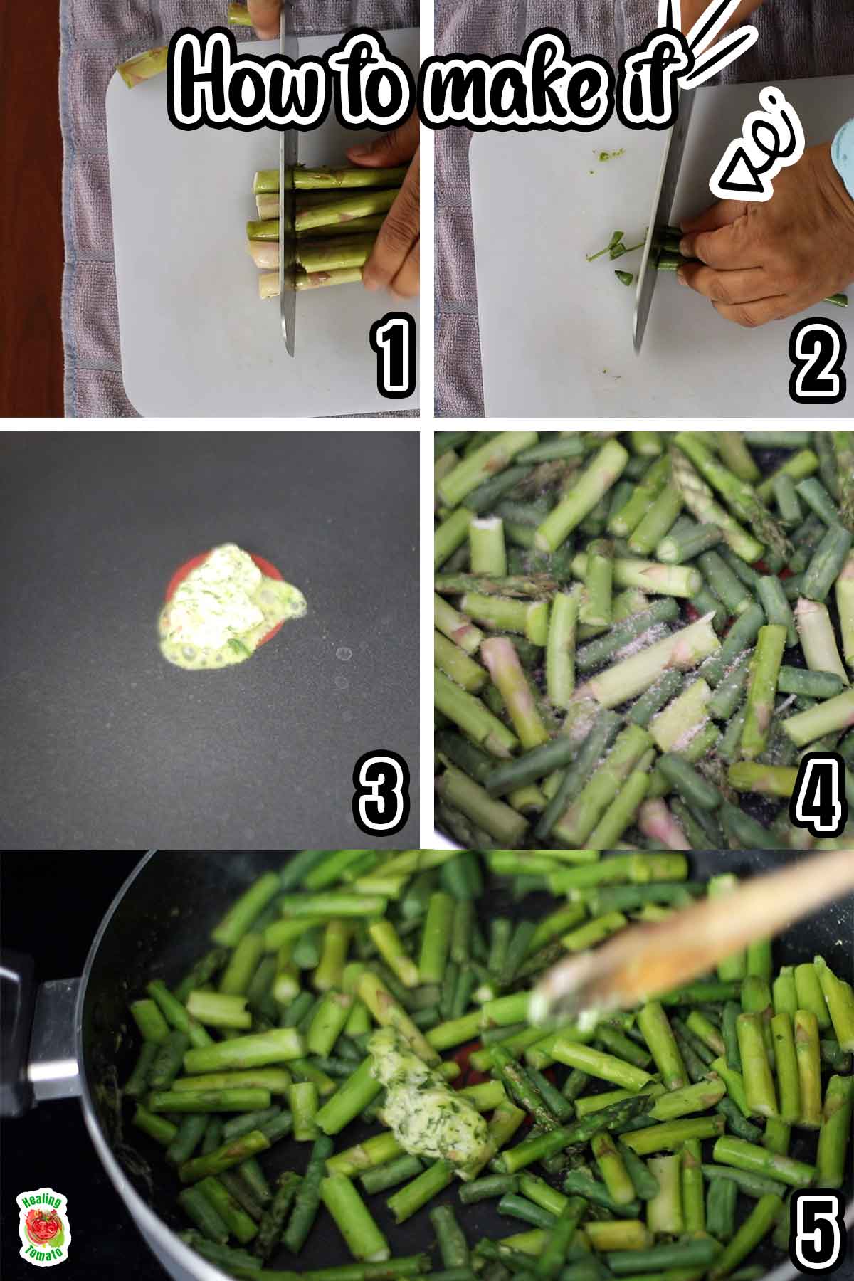 Collage of 3 steps needed to make this sauteed green beans and asparagus recipe