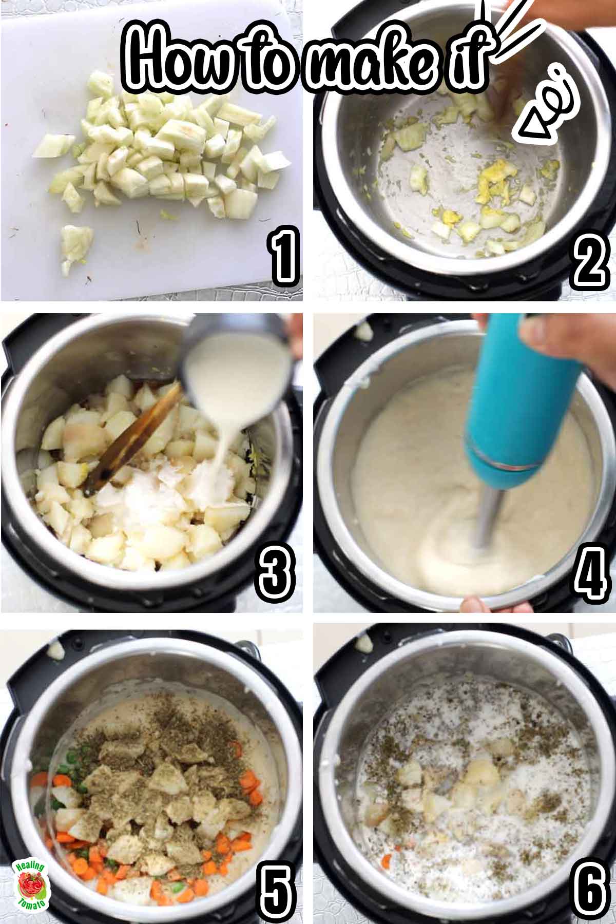 Collage of 6 images that are needed to make Instant Pot Chunky Potato Soup