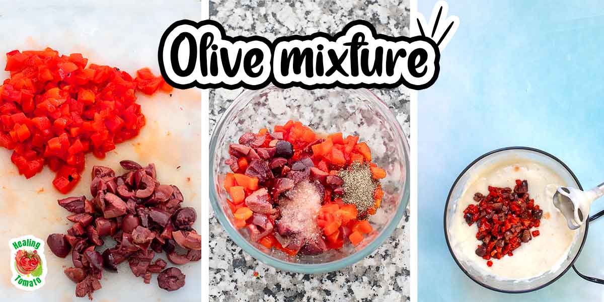 Collage of 3 images that show how to make the olive mixture.