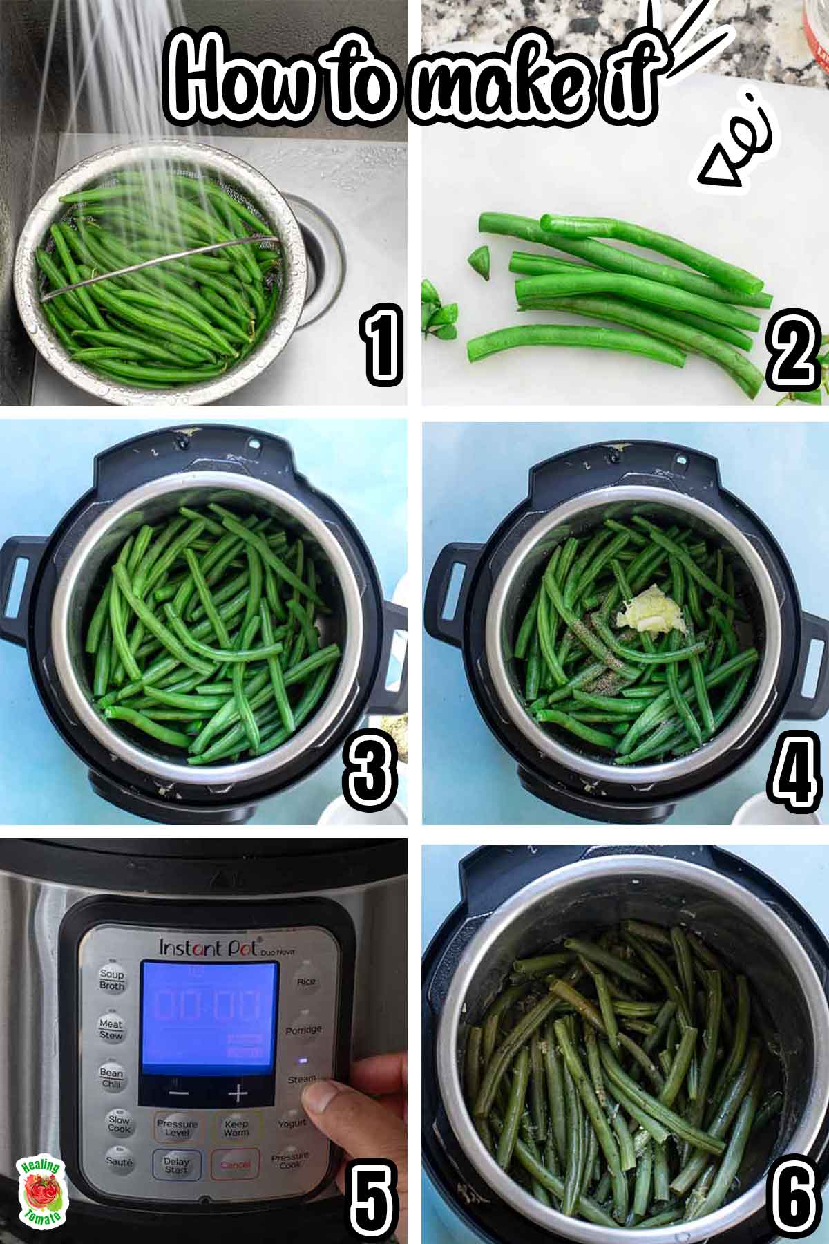 Collage of 6 images that outline the steps needed to make this recipe.