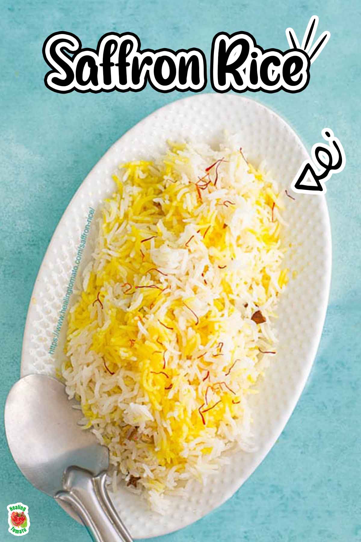 Top view of yellow saffron rice on a white plate. Placed on a sky blue background