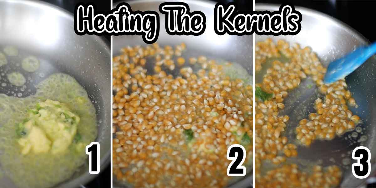 Collage of 3 steps needed to prep the kernels in the pan. Each image is numbered.