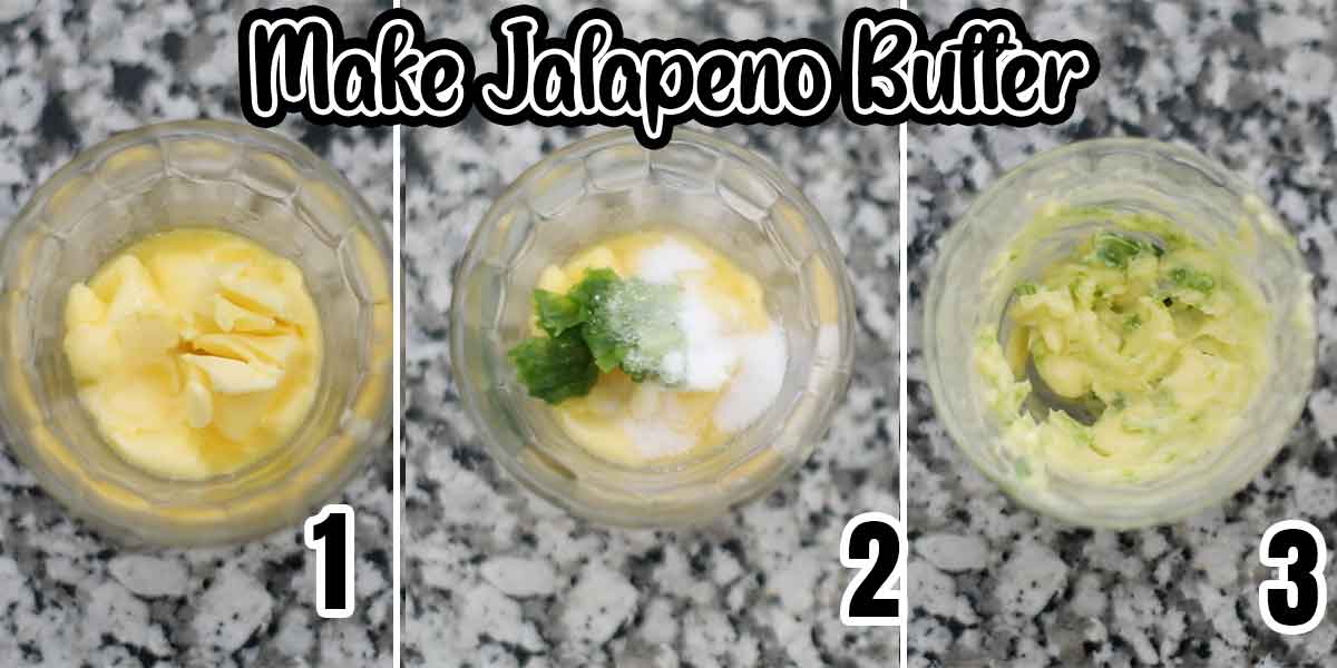 Collage of 3 steps needed to make jalapeno butter. Each image is numbered.