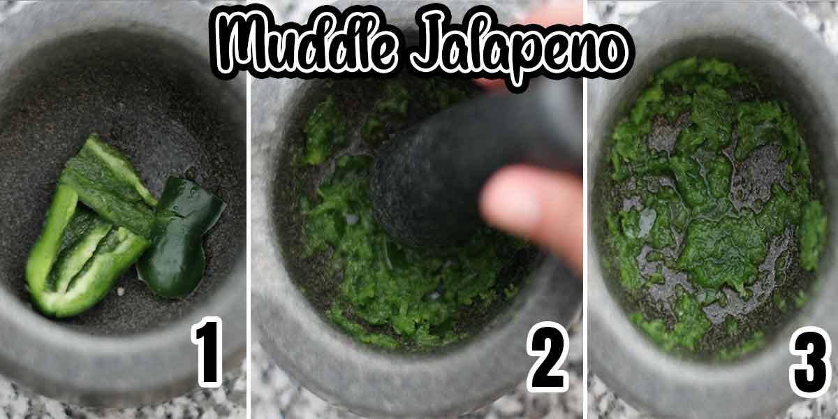 Collage of 3 steps needed to Muddle jalapeno in mortar and pestle. Each image is numbered.