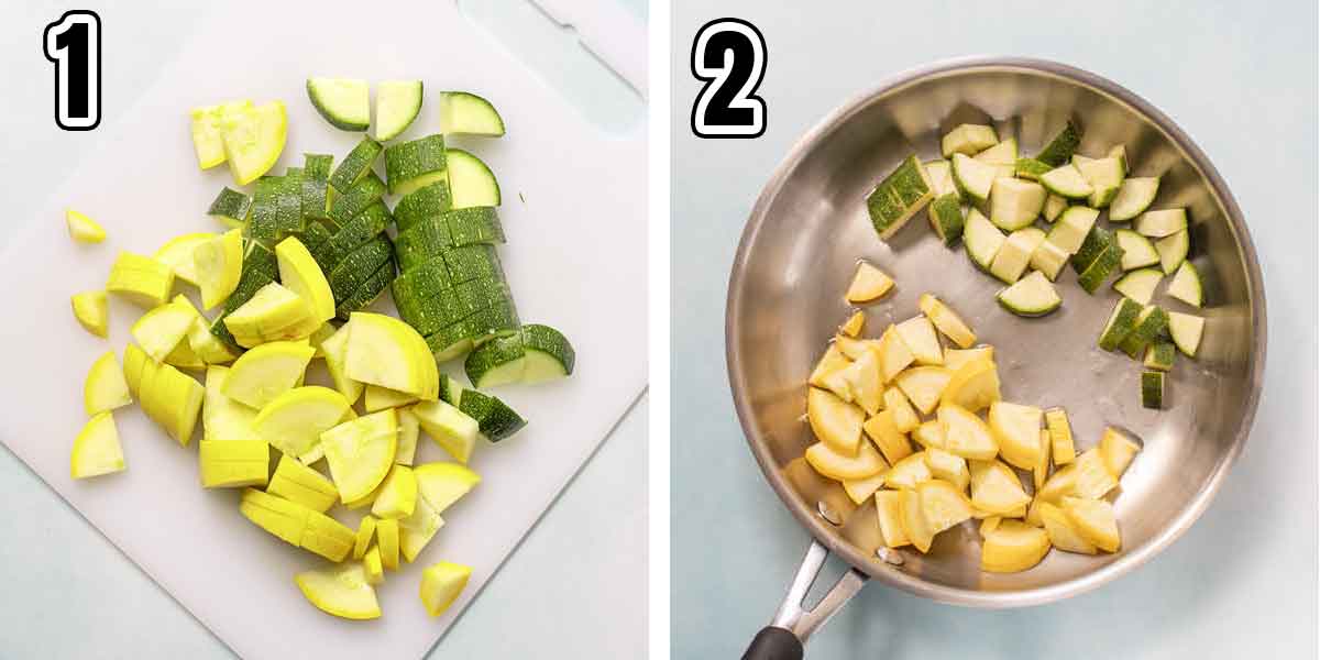 Collage of 2 images showing the cut squashes and squashes in the pan.