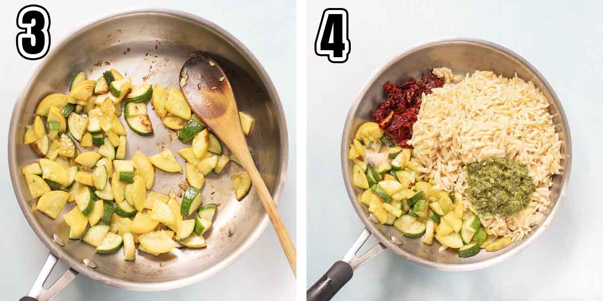 Collage of 2 images showing the steps for cooking the squash and adding the remaining ingredients.