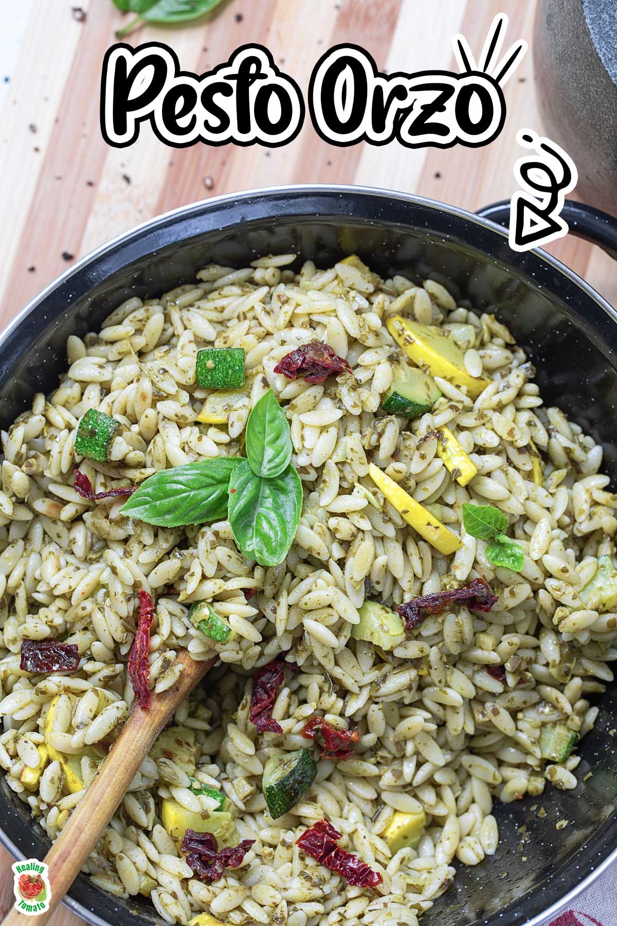 Top and closeup view of the orzo pasta in a black container