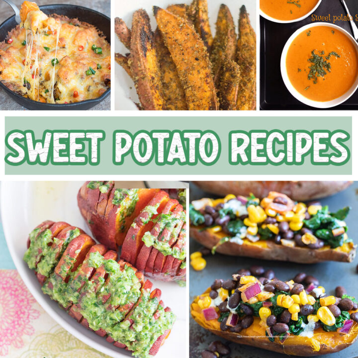 Collage of 5 sweet potato recipe images with the words "Sweet Potato Recipes" written on it.
