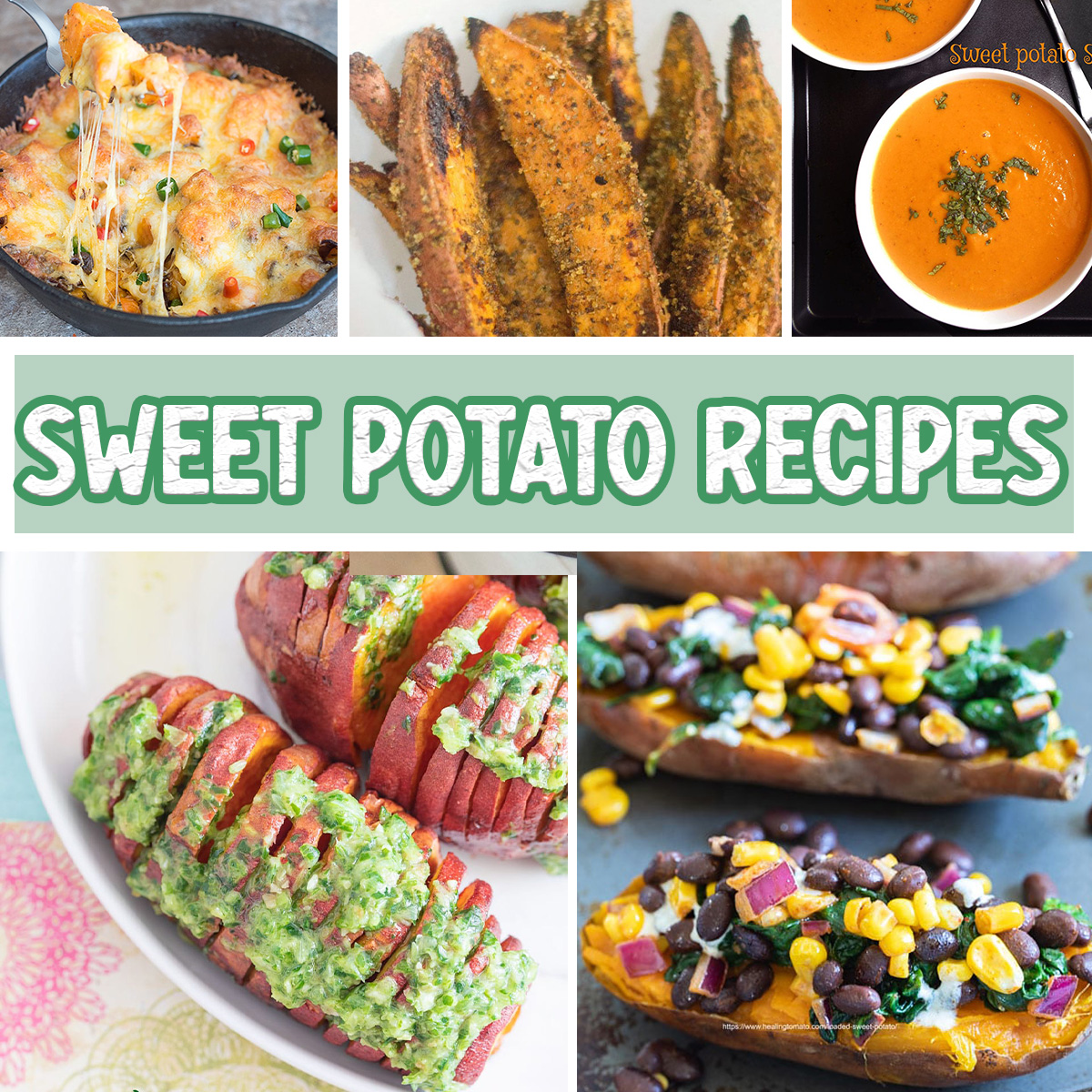 Collage of 5 sweet potato recipe images with the words "Sweet Potato Recipes" written on it.