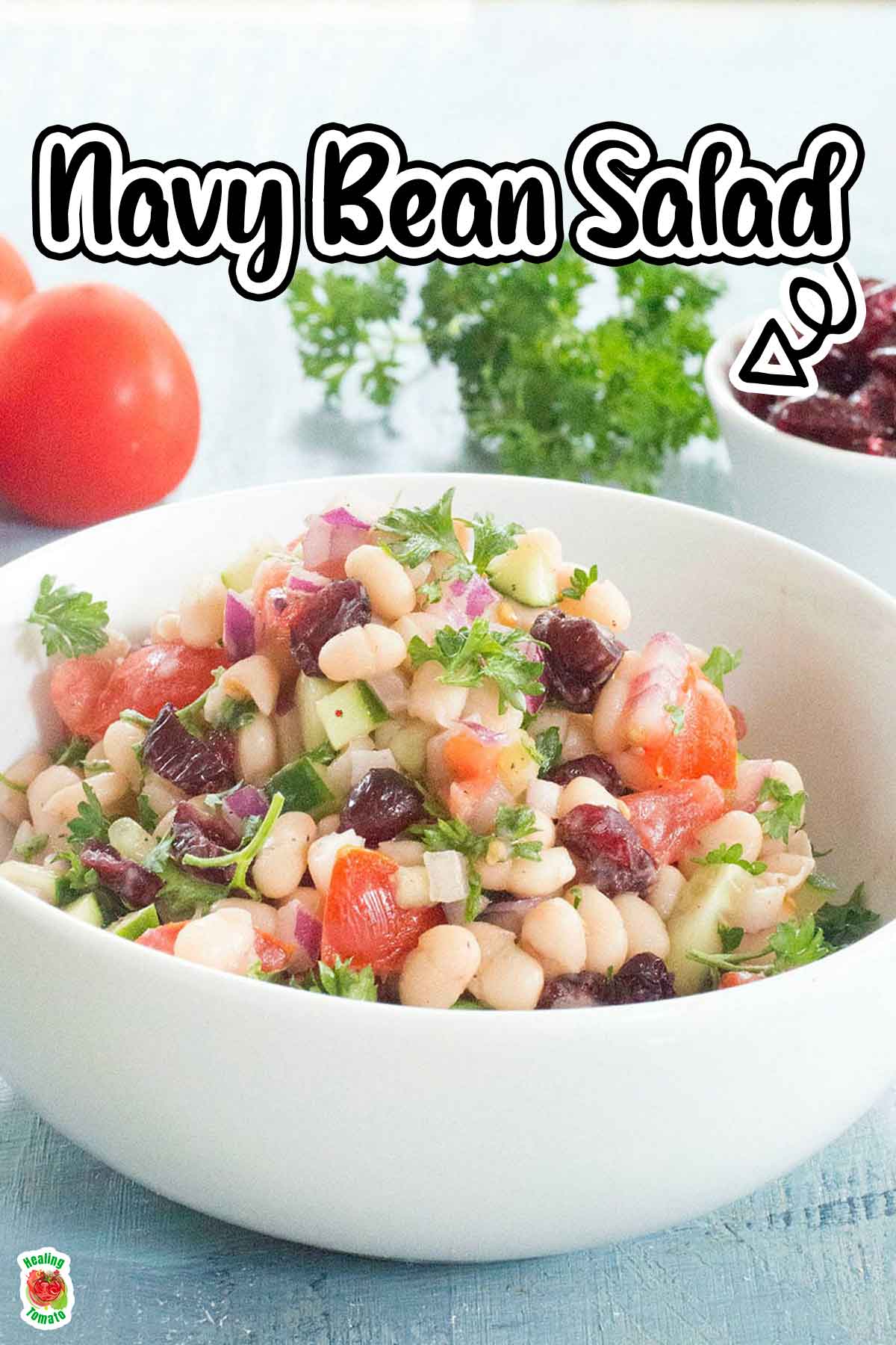 Coloseup and Front view of navy beans salad in a white bowl.